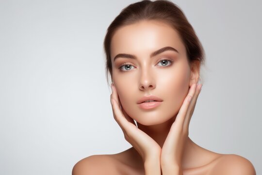  beautiful woman with clear and fresh skin is touching her face against a white background, indicating facial treatment, cosmetology, beauty, and spa concepts