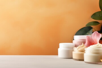 A colored background with natural cosmetic products in the foreground, including creams, masks, and lotions for face and body care, with an empty space for text