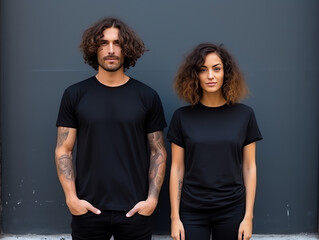 A couple boyfriend and girlfriend wearing blank black matching t-shirts mockup for design template