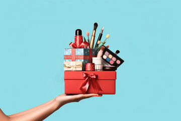 light blue background with a hand holding makeup cosmetics and a gift box