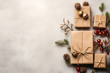 Rustic brown vintage Christmas Flat Lay mockup background product photography with presents, pine cones, christmas balls 