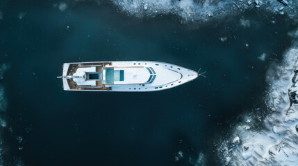 Fototapeta premium Close-up Aerial view of boat winter in the ice ocean, Norway