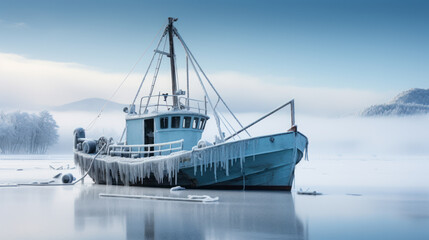 Naklejka premium Fishing boat winter in the ice ocean, Norway