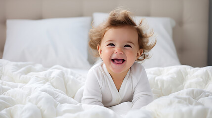 Fototapeta premium Smiling baby girl on a white bed and woll at home
