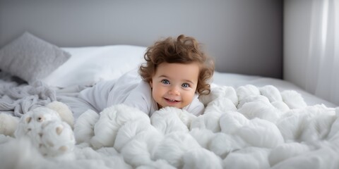 Smiling baby girl on a white bed and woll at home