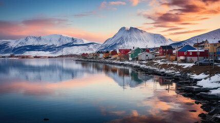 village or town and water source A calm, clear body of water in front of an iceberg covered under an orange and blue sky in the during sunrise - obrazy, fototapety, plakaty