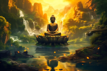 Buddha statue on a lakeside, natural spa background with Asian spirit, tranquility in green nature.  web banner concept with copy space.