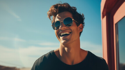 young handsome man wearing sunglasses smile - obrazy, fototapety, plakaty