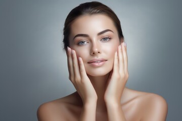 woman with a fresh and clean complexion touching her face, signifying facial treatment, cosmetology, beauty, and spa concepts.