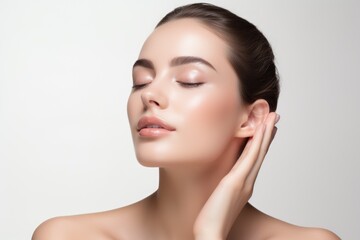 beautiful woman with clear and fresh skin is touching her face against a white background, indicating facial treatment, cosmetology, beauty, and spa concepts