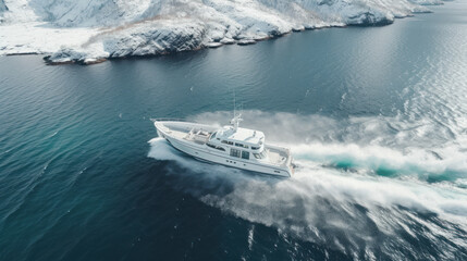 Close-up Aerial view of boat winter in the ice ocean, Norway