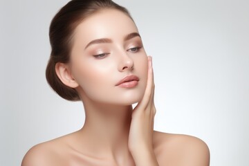  beautiful woman with clear and fresh skin is touching her face against a white background, indicating facial treatment, cosmetology, beauty, and spa concepts