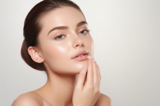 beautiful woman with clear and fresh skin is touching her face against a white background, indicating facial treatment, cosmetology, beauty, and spa concepts