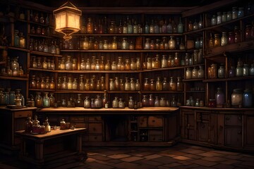 A vintage, dimly lit apothecary shop, its shelves lined with jars of mysterious potions and spell books.

