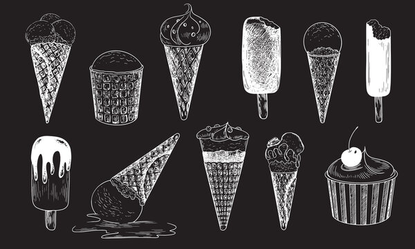 Set of  isolated ice cream sketch. Drawn on chalkboard ice cream in cone waffle and ice lolly isolated on black background. Bitten popsicle. Chocolate glaze sundae. Fallen melted ice cream