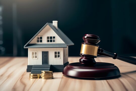 Judge auction and real estate concept.gavel justice hammer and House model. real estate law. taxes and profits to invest in real estate and home buying .concept of legal, Generative AI