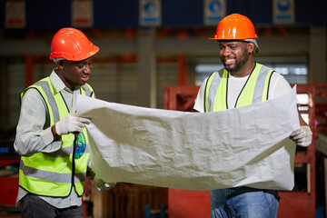 factory workers or engineers planning from work on blueprint drawing paper in the factory