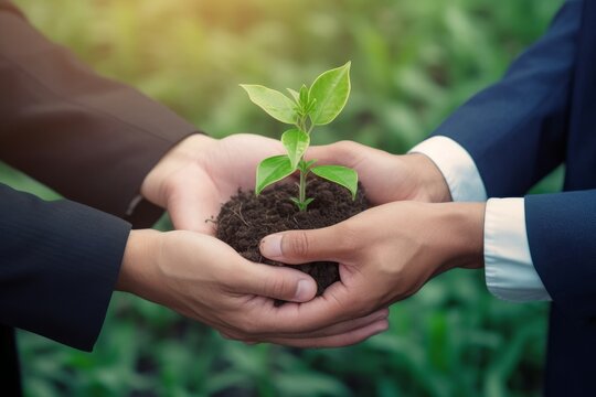 Environmental cooperation. Green business eco company partners holding plants together for Ecology collaboration development ecosystem organization in, Generative AI