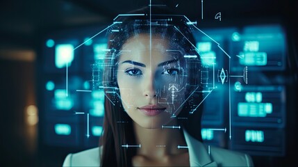 Businesswoman Secure with Biometric Scan. Facial Recognition and Digital Analysis with Hologram and Statistics - obrazy, fototapety, plakaty