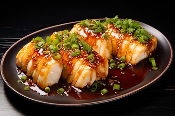 Closeup of Delicious Steamed Chinese Cod Fish with Soy Sauce on a Bed of Asian Background. Perfect for Cooking and Cookery Projects