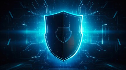 Digital Shield Protection on Abstract Technology Background. Blue Wireframe Illustration for Secure Defense Concept. 3D Rendering