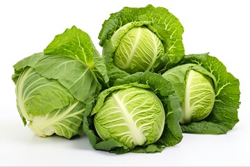 Fresh Green Cabbages - Raw Organic Lush Leaves of Cruciferous Vegetable - Isolated on White Background - Ideal for Salad and Antioxidant-rich Agriculture