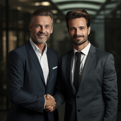 Business portrait of two happy smiling men in suits, work team, shaking hands
