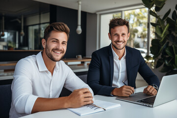 Business portrait of two happy smiling men in shirts, work team, sitting in the office, writing documents
