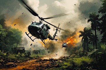 Vietnam War - Artist Recreation Depicting Airborne Army Aviation Operations Against Camouflage Background