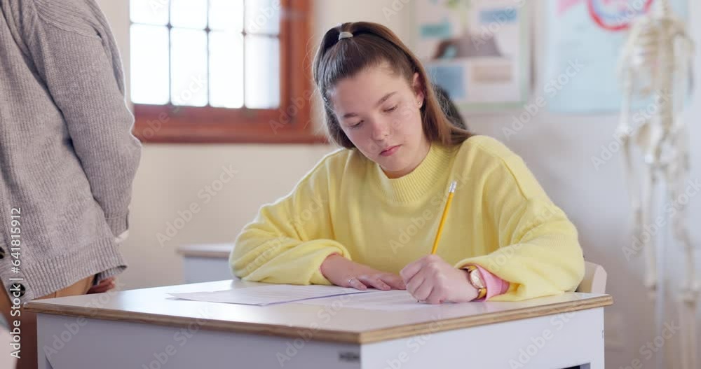 Poster education, exam and a student girl writing in class during a test or assessment learning or developm