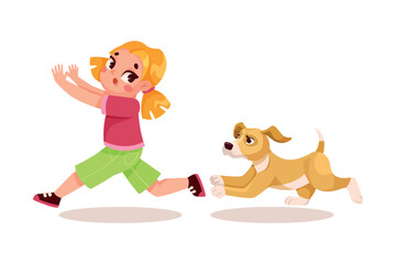 Childhood Fear with Little Girl Character Afraid of Dog Escaping Vector Illustration
