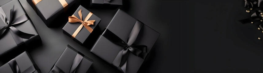 Black gift boxes arranged on dark background, black friday discounts concept - obrazy, fototapety, plakaty