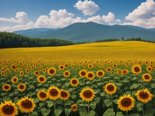 Obraz premium Beautiful sunflowers field on a background. Sunset and blue sky, landscape scenery. Generative AI