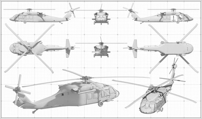 Medium-lift utility military helicopter. Helicopter us army. Multi-purpose helicopter. Blueprint with projections. Scale model.
