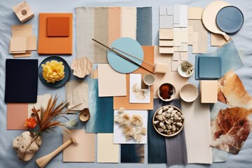 Fototapeta na wymiar Creative flat lay composition of interior designer moodboard with textile and paint samples, blue lamella panels and tiles. Pink, orange, blue and light grey color palette. Copy space. Template.