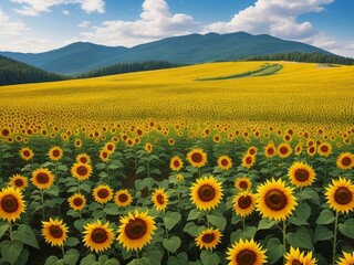 Obraz premium Beautiful sunflowers field on a background. Sunset and blue sky, landscape scenery. Generative AI