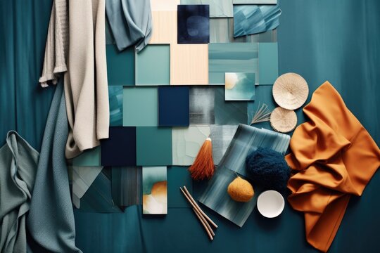Creative flat lay composition with textile and paint samples, panels and cement tiles. Stylish interior designer moodboard. Blue, beige and brown color palette. Copy space. Template