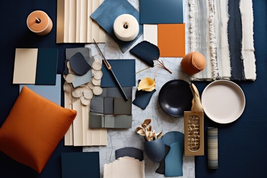 Elegant flat lay composition in blue ocean, grey and black color palette with textile and paint samples, lamella panels and tiles. Architect and interior designer moodboard. Top view. Copy space. 
