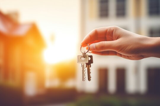 Close-up of hands holding the key of a new house on a real estate background. A new start to a happy life in a new country. Symbol of acquisition, purchase or sale of property, rental of real estate, 