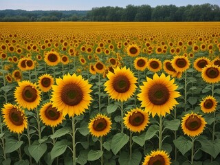 Beautiful sunflowers field on a background. Sunset and blue sky, landscape scenery. Generative AI