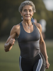 Outdoor shot of old woman athlete smiling.Trail running, marathon, triathlon running