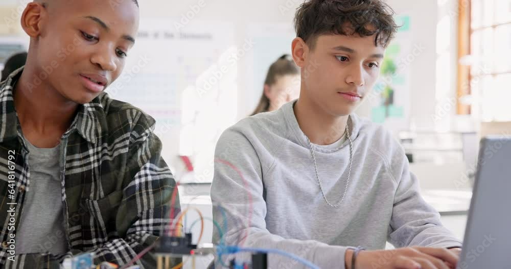 Aufkleber Robotics, education and students with laptop at school learning coding, future or programming. Teenager children in class for technology, electronics or science as development, innovation or teamwork