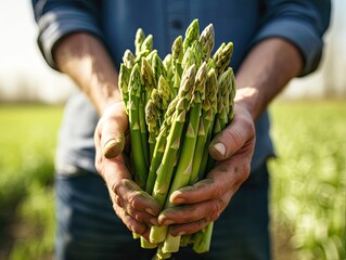 Freshly harvested Green Asparagus in farmer's hand, close-up shot - 641816722