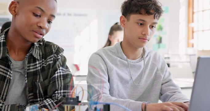 Robotics, education and students with laptop at school learning coding, future or programming. Teenager children in class for technology, electronics or science as development, innovation or teamwork