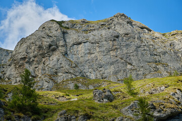 Fototapeta na wymiar Beautiful mountain terrain in Bucegi National Park Mountain landscape with green meadow and sharp rocks.