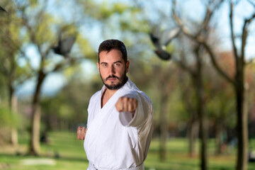 Fototapeta premium Flowing like the wind through the park, where karate meets tranquility