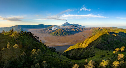 Panorama of Bromo volcano at sunrise, East Java, Indonesia - 641817347