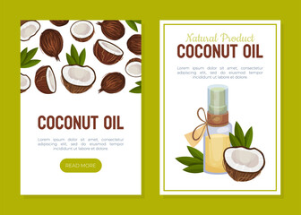 Coconut Oil Web Banner Design with Palm Leaf and Nut Shell Vector Template