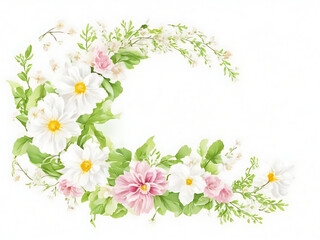 Floral wreath with chamomile and daffodils on white background