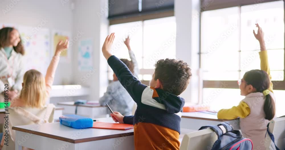 Sticker Education, answer and teacher with boy in classroom for learning, discussion and knowledge. Help, studying and hands raised with children and woman at school for why, scholarship and questions